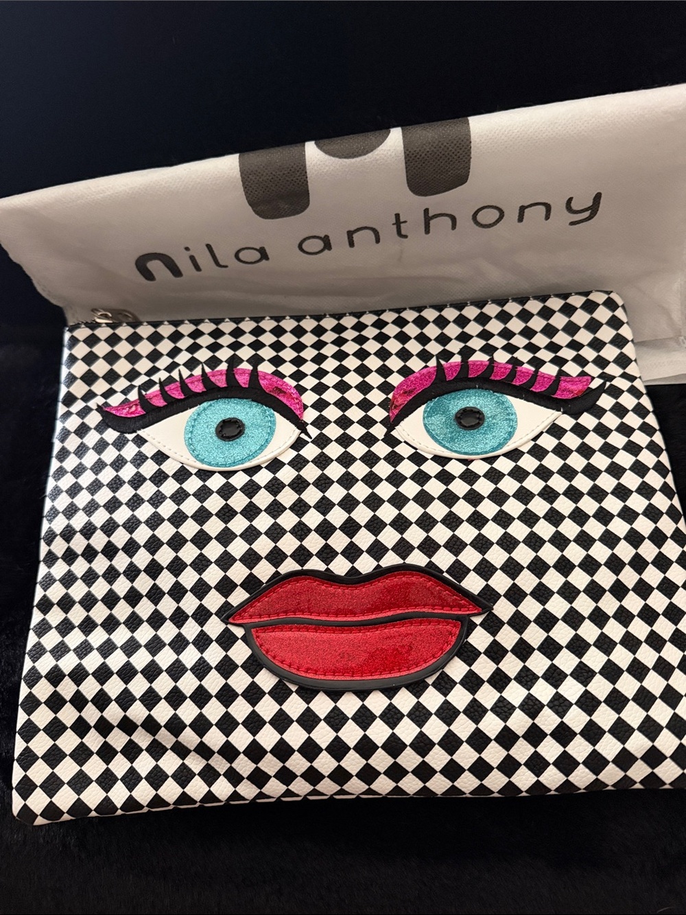 Nila Anthony Black & White Checker Face Clutch with Turquoise Eyes and Red Lips